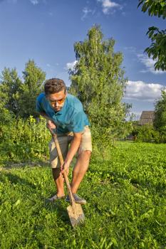 young man with a shovel digging a vegetable garden