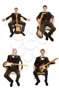 guitarist in a tuxedo sitting in a chair with a guitar. 4 photos