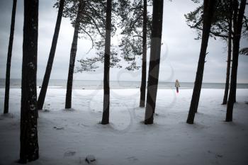 girl walking by the sea in winter. cold dark day in Northern Europe