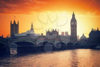 Big Ben at sunset. View of the River Thames. London, England