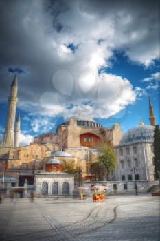 Hagia Sophia (Ayasofya) museum view from the Sultan Ahmet Park in Istanbul, Turkey