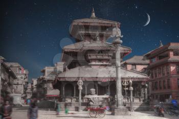Temples of Durbar Square in Bhaktapur, Kathmandu valey, Nepal. night shining moon and stars
