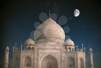 At night, under the stars and moon. Taj Mahal .Indian city of Agra, Uttar Pradesh.