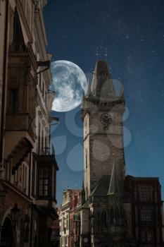 Most mystical and mysterious city in Europe. Prague through the eyes of birds. night shining moon and stars