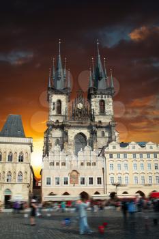 Prague Old town square, Tyn Cathedral. under sunlight.