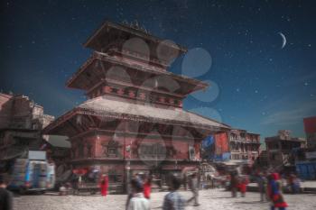 Temples of Durbar Square in Bhaktapur, Kathmandu valey, Nepal. night shining moon and stars
