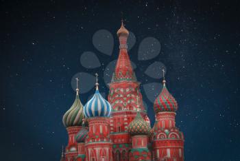 St. Basil's Cathedral - an Orthodox church on Red Square in Moscow, a well-known monument of Russian architecture. At night the stars shine