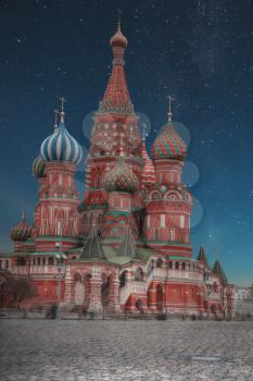 St. Basil's Cathedral - an Orthodox church on Red Square in Moscow, a well-known monument of Russian architecture. night the starry sky shines