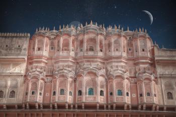 Jaipur - a city in India, Rajasthan. It called the Pink City . night shining moon and stars