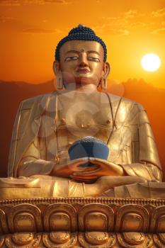 Golden Buddha in Kathmandu on a background of the Himalayas mountains