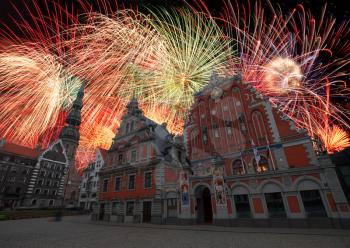festive fireworks at night in Riga. Latvia.