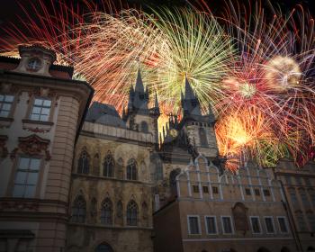 festive fireworks in Prague at night. Czech Republic.