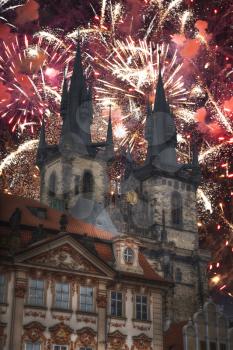 festive fireworks in Prague at night. Czech Republic.