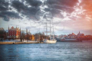 waterside scenery with sailing ship seen in Stockholm, Sweden