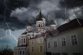 Heavy thunderstorm with lightning.  Alexander Nevsky Cathedral in Tallinn. Estonia. Europe