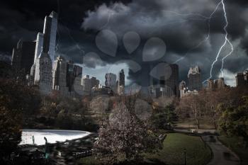 Heavy thunderstorm with lightning. New York City Manhattan Central Park.