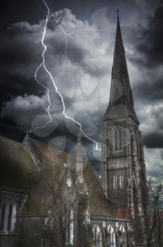 Heavy thunderstorm with lightning. Church of St. Alban in Copenhagen. Denmark