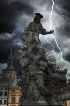 Heavy thunderstorm with lightning. Prague - Charles bridge, Czech Republic. 