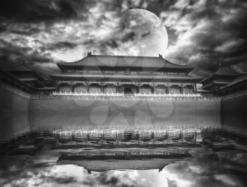 Forbidden City is the largest palace complex in the world. Located in the heart of Beijing . In the evening by the light of the moon. black and white photography