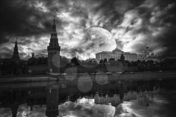 Red square is the main symbol of Russia. Moscow. At night against the background of the moon. black and white photography