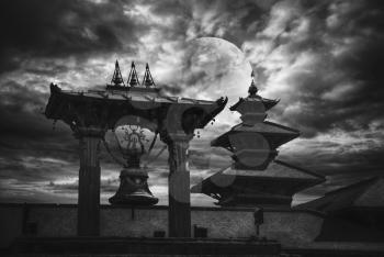 Durbar Square , Kathmandu, Nepal. At night against the background of the moon.
black and white photography