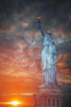 Statue of Liberty Neoclassical sculpture on Liberty Island southwest of Manhattan Island, USA