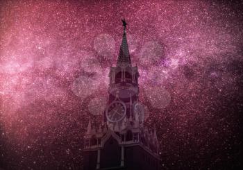 Red square is the main symbol of Russia. Moscow. Astrophotography of the night sky.