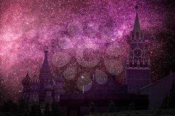Astrophotography of the night sky. Red square is the main symbol of Russia. Moscow