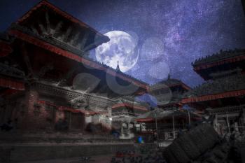 Patan .Ancient city in Kathmandu Valley. Nepal.At night the moon and stars shine.