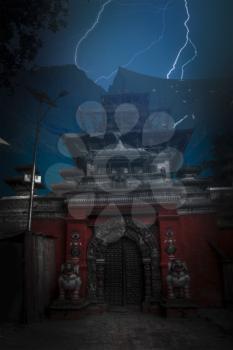 Temples of Durbar Square in Bhaktapur, Kathmandu valey, Nepal. Strong night, lightning flashes.