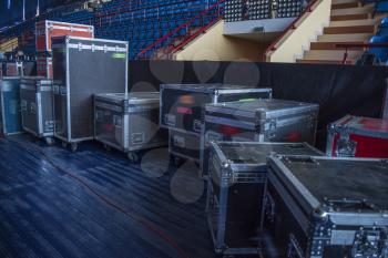 boxes for equipment. preparation for a concert