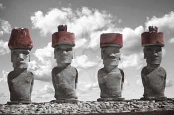 Moais at Ahu Tongariki (Easter island, Chile). black and red and white photo