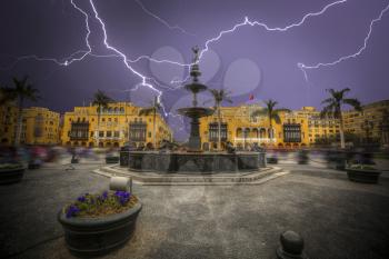 Lima is a city on the Pacific coast of South America, the capital of the Republic of Peru. Powerful lightning strike.