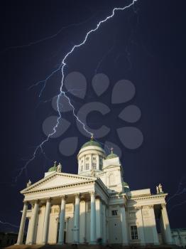 Assumption Cathedral in Helsinki. Finland. Northern Europe. Powerful lightning strike.