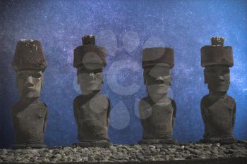 Astrophotography. Night sky with stars. A statue on Easter Island or Rapa Nui in the southeastern Pacific, the territory of Chile.