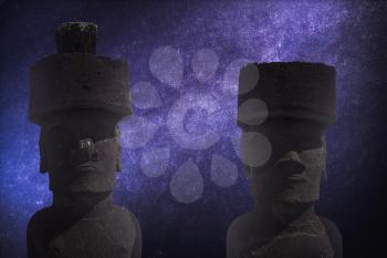Astrophotography, starry sky shines at night. Astrophotography, starry sky shines at night.  A statue on Easter Island or Rapa Nui in the southeastern Pacific, the territory of Chile.