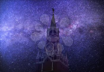 Red square is the main symbol of Russia. Moscow. Astrophotography of the night sky.