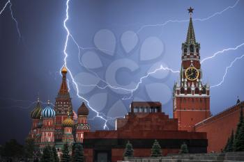 Red square is the main symbol of Russia. Moscow. Powerful lightning strike.