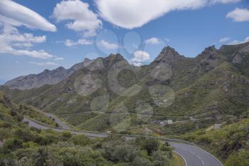 Mountain landscape on tropical island Tenerife, Canary in Spain. Beautiful scene on main road on El Teide volcano.
