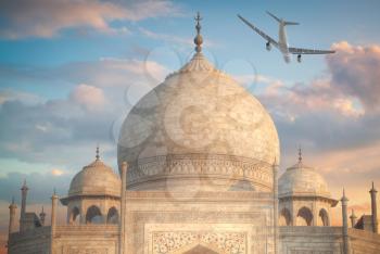 the plane is flying overTaj Mahal .  Agra, Uttar Pradesh.