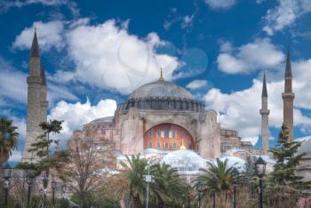 Hagia Sophia (Ayasofya) museum view from the Sultan Ahmet Park in Istanbul, Turkey