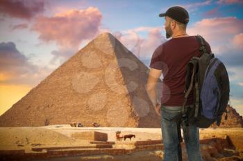tourist traveler with a backpack stands on the background of the Egyptian Pyramids