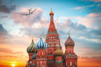 the plane is flying over St. Basil's Cathedral. Red Square in Moscow