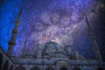 The Blue Mosque is the city stambul. Night landscape of the Starry sky.