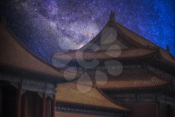 Night landscape of the Starry sky. Forbidden City 