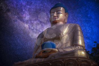 Starry night sky. Golden Buddha in Kathmandu  
