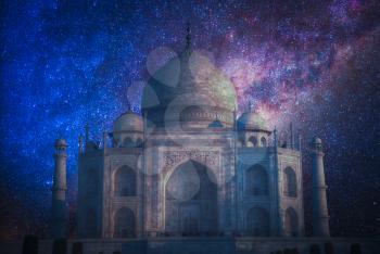 Taj Mahal .Starry night sky. Indian city of Agra, Uttar Pradesh.