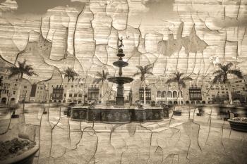 Panoramic view of Lima main square and cathedral church. imitation of an old cracked black and white photograph.