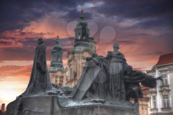 Monument to Jan Hus is located in the Old Town Square of Prague.
