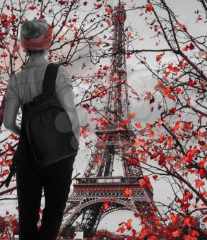 black and white photography. girl tourist travels through Paris. France